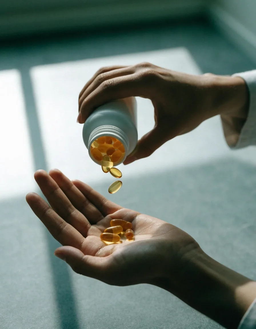 A man's hands opening an unbranded amber supplement bottle on a plain kitchen counter in morning light