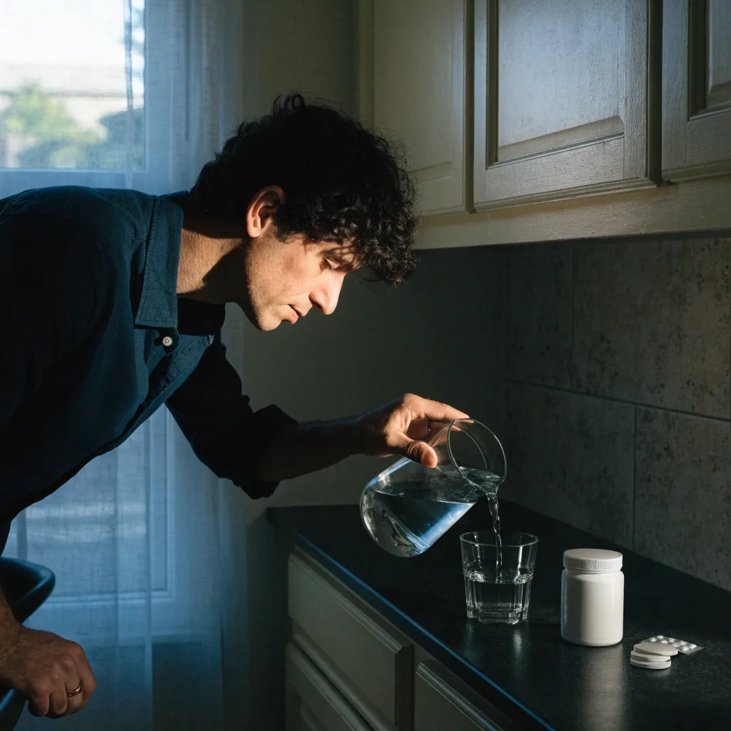 An active man pouring a morning glass of water beside unmarked supplement containers