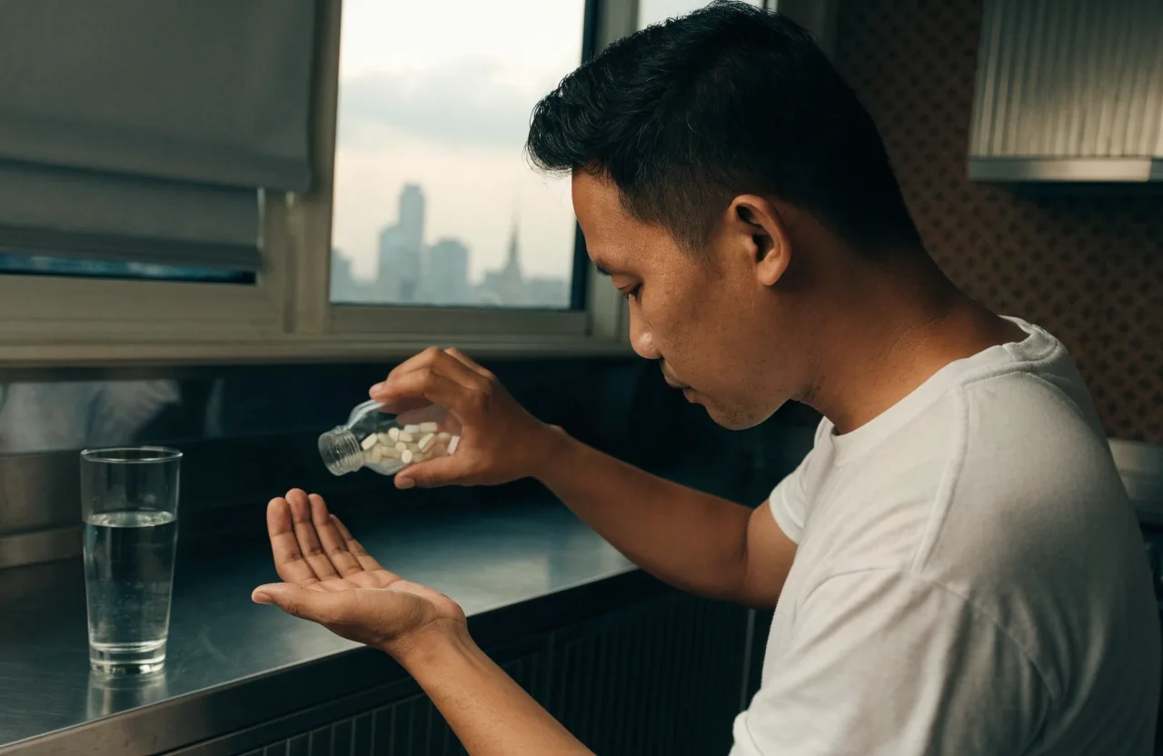A man at his morning counter taking his daily supplement with a glass of water.
