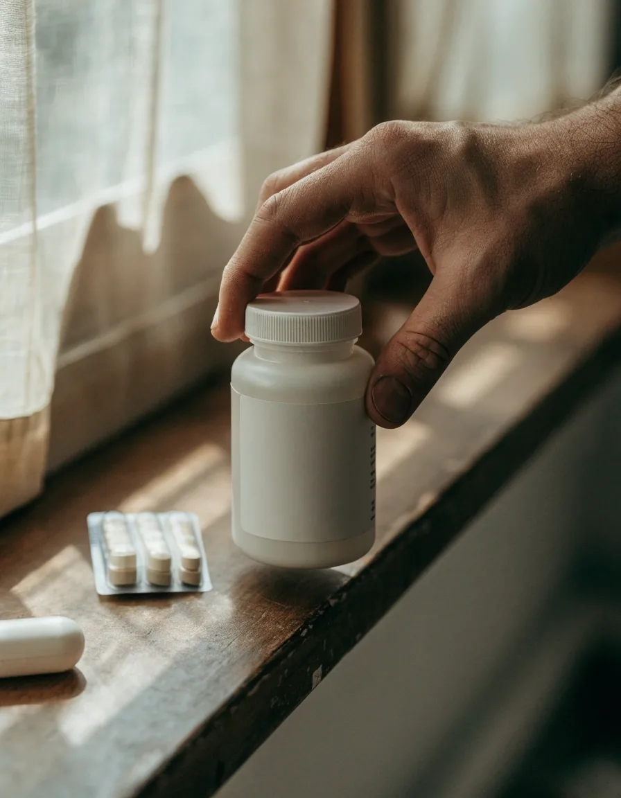 Three unbranded supplement containers on a wooden counter, seen from above.