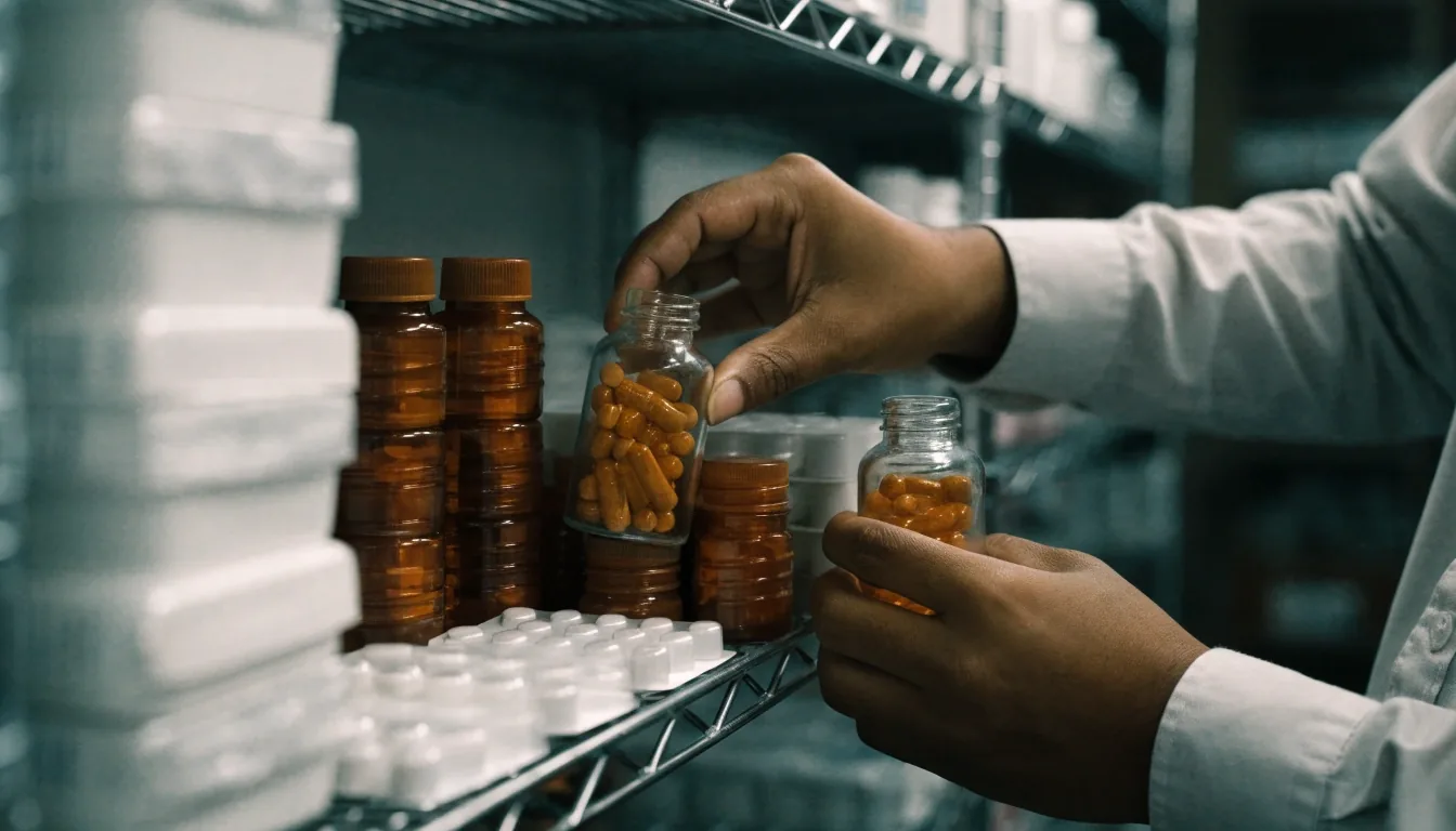 An unmarked amber supplement bottle and a plain tablet container on an apotek counter in flat morning light