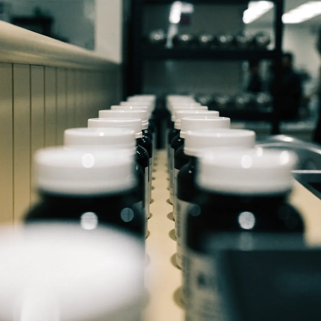 Rows of unbranded supplement bottles facing camera on neutral apotek shelving in flat overhead light