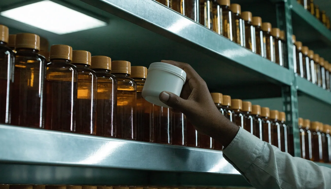 A hand lifting an unbranded supplement container from a stockroom shelf in a Jakarta apotek