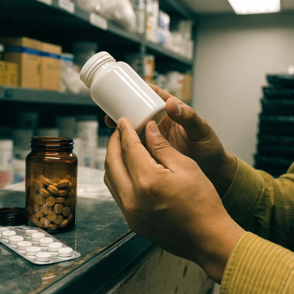 Three unbranded supplement bottles and tablet blisters arranged on a wooden counter