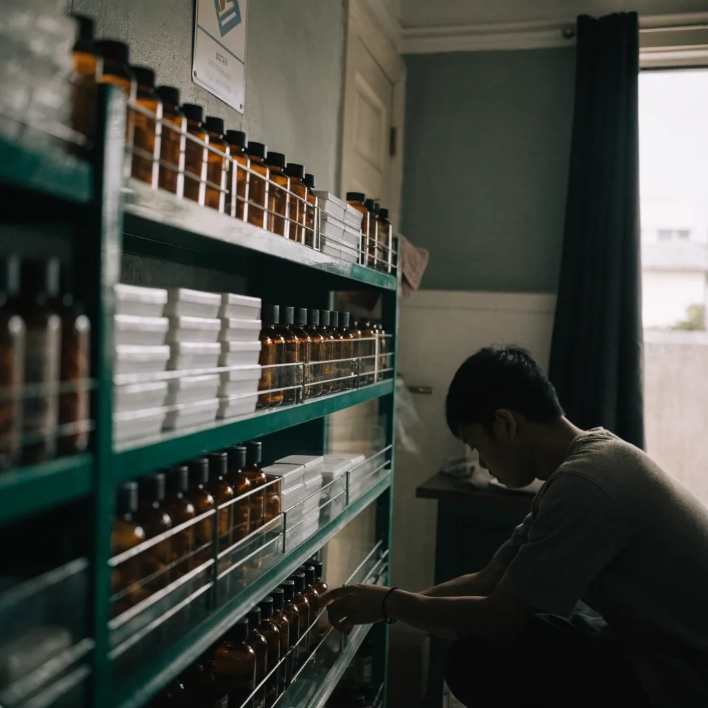 Unbranded amber supplement bottles and white tablet containers arranged on an apotek counter in an overcast Jakarta morning