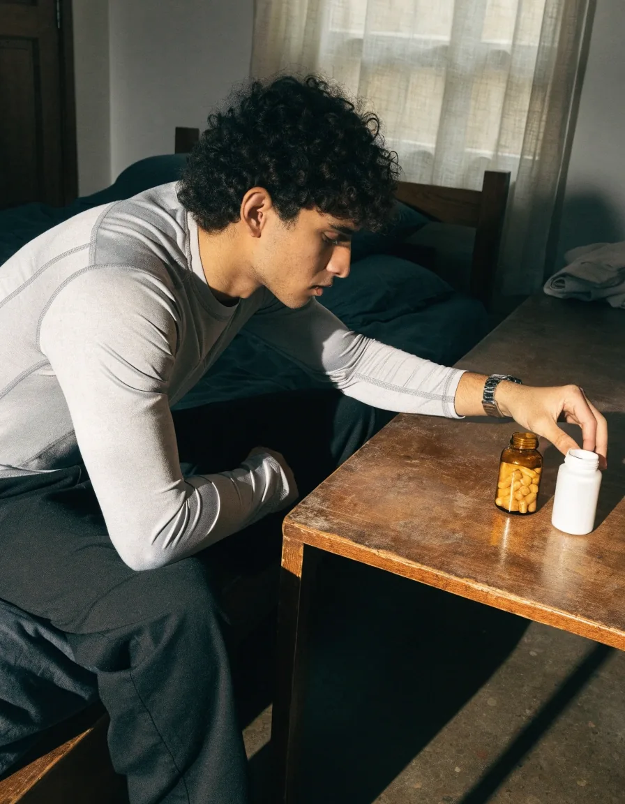 An unbranded supplement bottle and tablet bottle on a wooden side table in a Jakarta apartment, morning light