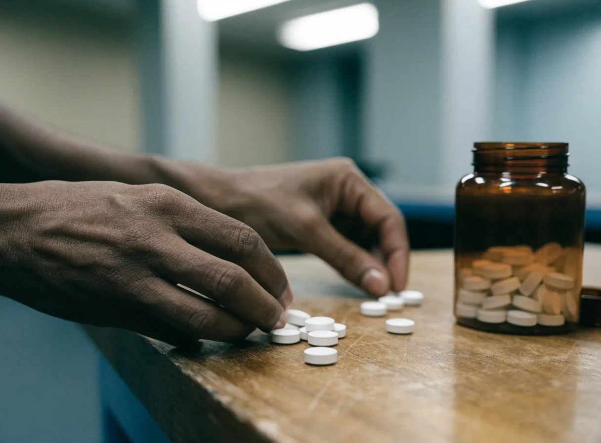 Hands sorting unbranded tablets on a wooden counter in the Nusavita editorial office